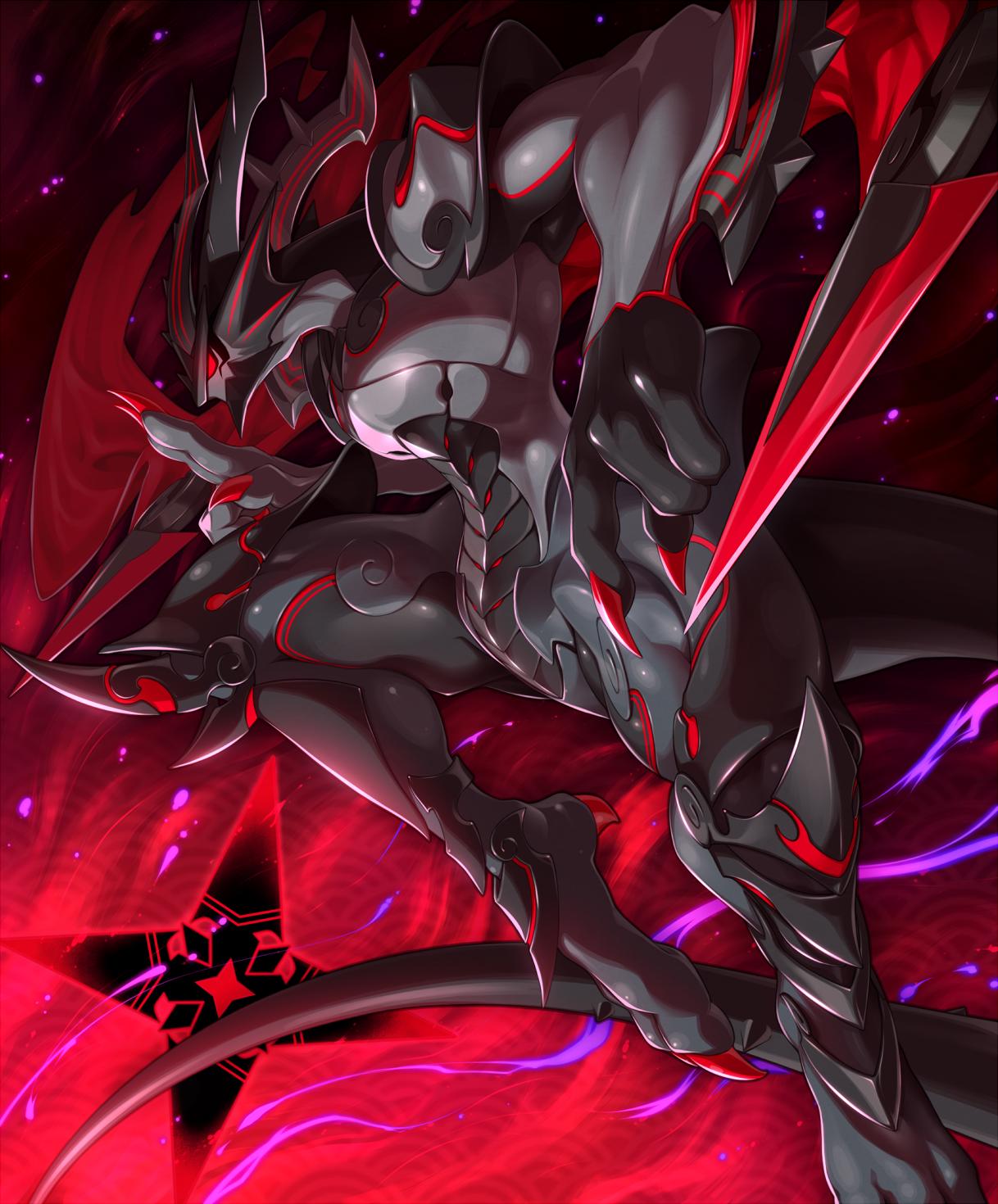 action_pose black_body claws cygames dragalia_lost dragon dragoooon1223 grey_body hi_res horn male markings ninjutsu nintendo pose ranged_weapon red_background red_claws red_eyes red_markings shinobi_(dragalia_lost) shuriken simple_background solo tail weapon