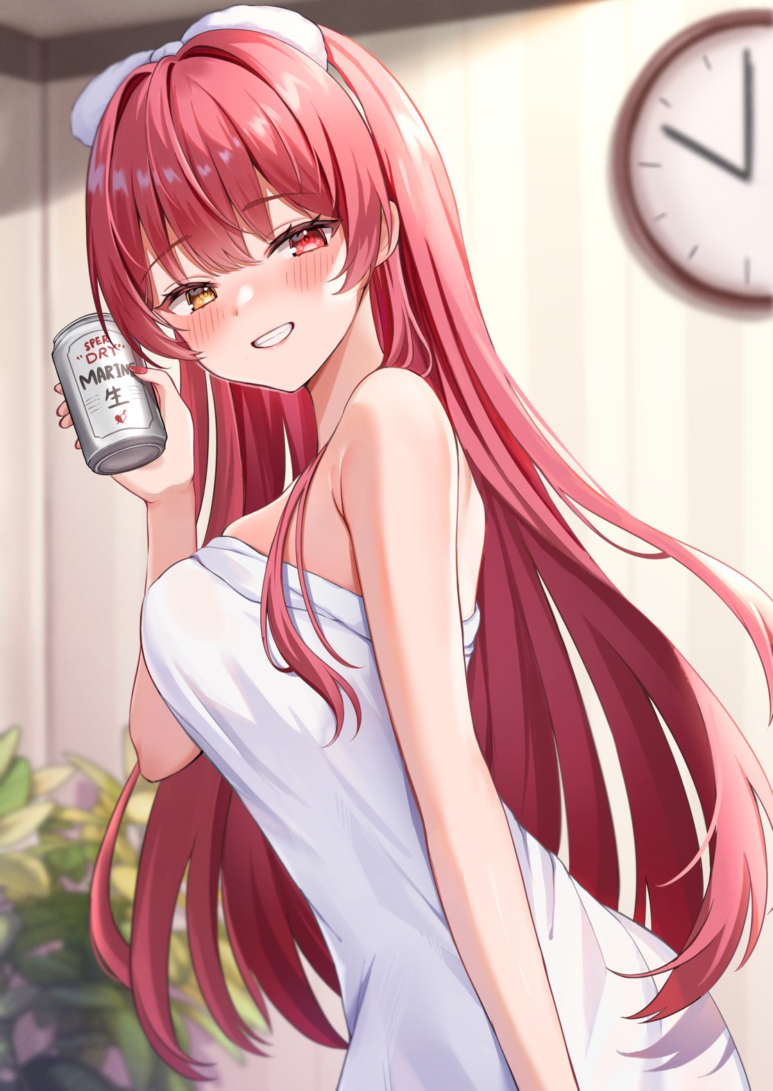 1girl bare_shoulders beer_can blush breasts can heterochromia highres holding holding_can hololive houshou_marine long_hair looking_at_viewer medium_breasts mikumineko red_eyes red_hair smile solo virtual_youtuber yellow_eyes
