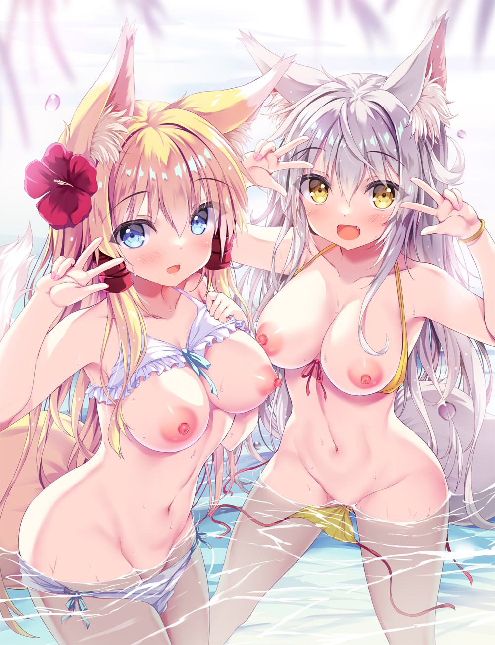2girls animal_ear_fluff animal_ears arm_up bangle bare_arms bare_shoulders bikini bikini_pull blonde_hair blue_eyes bracelet breasts breasts_out clothes_pull collarbone commentary_request double_v flower fox_ears fox_girl fox_tail frilled_bikini frills grey_hair hair_between_eyes hair_flower hair_ornament hand_up hibiscus highres jewelry medium_breasts multiple_girls nipples original red_flower swimsuit tail tateha_(marvelous_grace) v water white_bikini yellow_bikini yellow_eyes