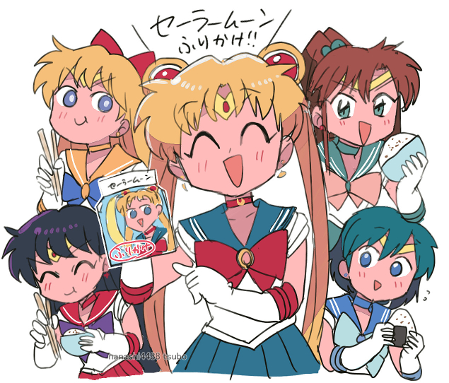 5girls aino_minako aqua_hair bishoujo_senshi_sailor_moon blonde_hair blue_eyes blue_sailor_collar blush bow brown_hair choker closed_eyes eating green_sailor_collar hino_rei kino_makoto mizuno_ami moon_(symbol) multiple_girls purple_bow purple_hair red_bow red_choker rice sailor_collar sailor_jupiter sailor_mars sailor_mercury sailor_moon sailor_venus simple_background translation_request tsubobot tsukino_usagi white_background