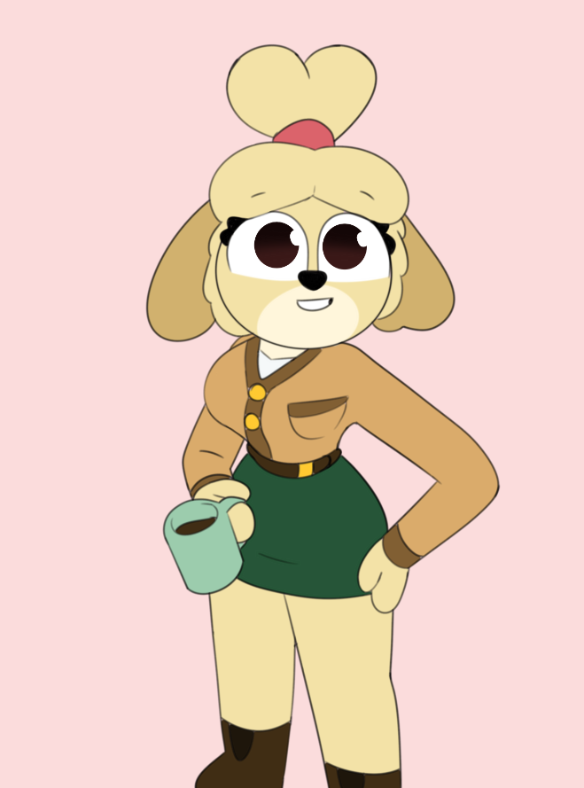 accessory animal_crossing anthro belt beverage boots bottomwear breasts brown_eyes canid canine canis clothing coffee curvy_figure dog_ears domestic_dog dress_shirt female footwear fur guak hair hair_accessory hair_bun hairband hand_on_hip humanoid isabelle_(animal_crossing) long_sleeve_shirt looking_at_viewer mammal mug nintendo secretary shaded shirt simple_background simple_shading skirt smile solo topwear yellow_body yellow_fur