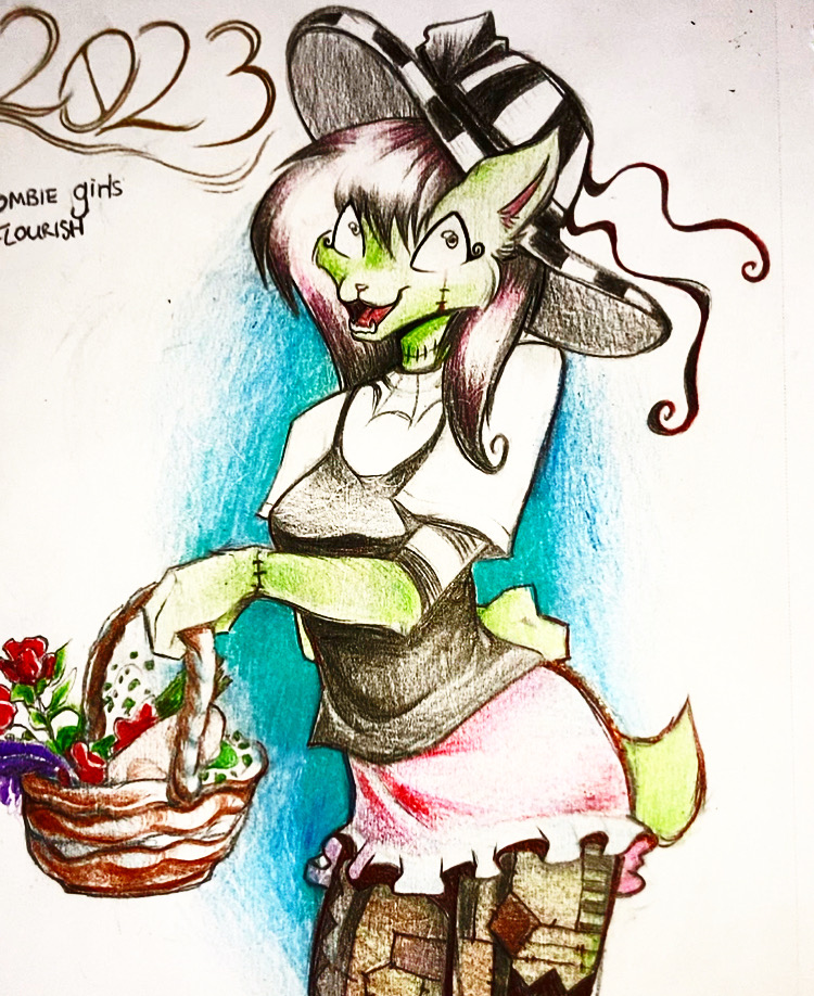 anthro basket check_tag_type clothed clothing container domestic_cat felid feline felis female flower green_body humanoid mammal onoteefs patchwork_clothing plant solo stitch_(sewing) undead zombie
