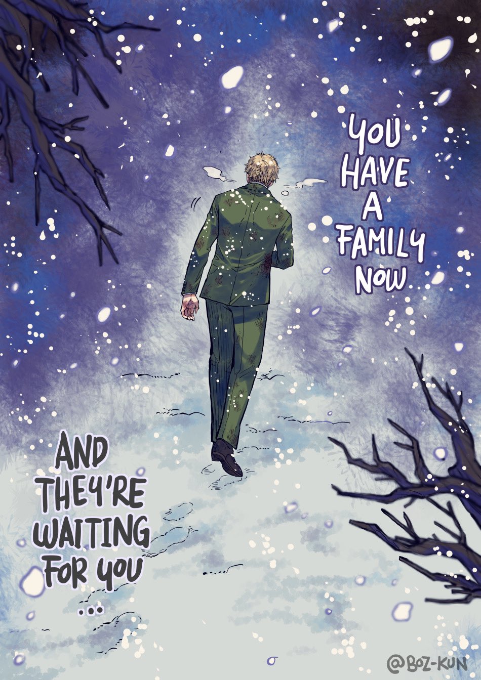 1boy bare_tree bleeding blonde_hair blood blood_in_hair blood_on_clothes collared_shirt english_text footprints formal green_jacket green_pants green_suit highres injury jacket outdoors pants rusky shirt snow snowing spy_x_family suit tree twilight_(spy_x_family)