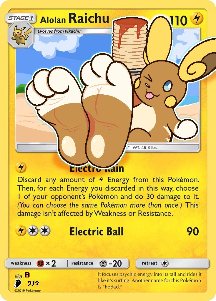 3_toes alolan_form alolan_raichu ambiguous_gender b_bun300 barefoot biped blep card_edit feet foot_fetish foot_focus generation_1_pokemon mammal nintendo one_eye_closed plantigrade pokemon pokemon_(species) pokemon_card raichu regional_form_(pokemon) rodent smile soles solo tcg_card text toe_curl toes tongue tongue_out trading_card trading_card_game wink