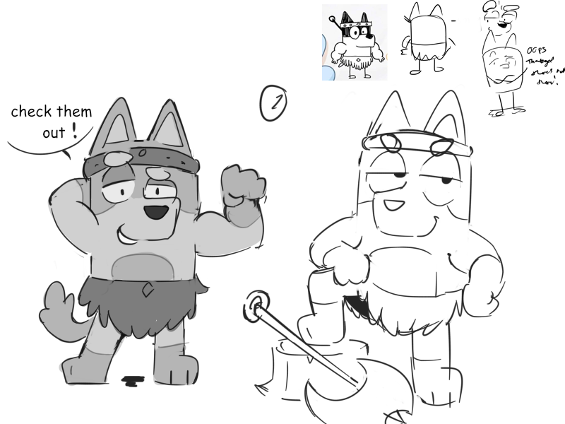 accessory anthro australian_cattle_dog axe bandit_heeler barbarian bluey_(series) bottomwear canid canine canis cattledog clothing domestic_dog english_text flexing headband herding_dog male mammal mightiezz monochrome muscular muscular_male pastoral_dog screencap simple_background sketch smile solo text tree_stump