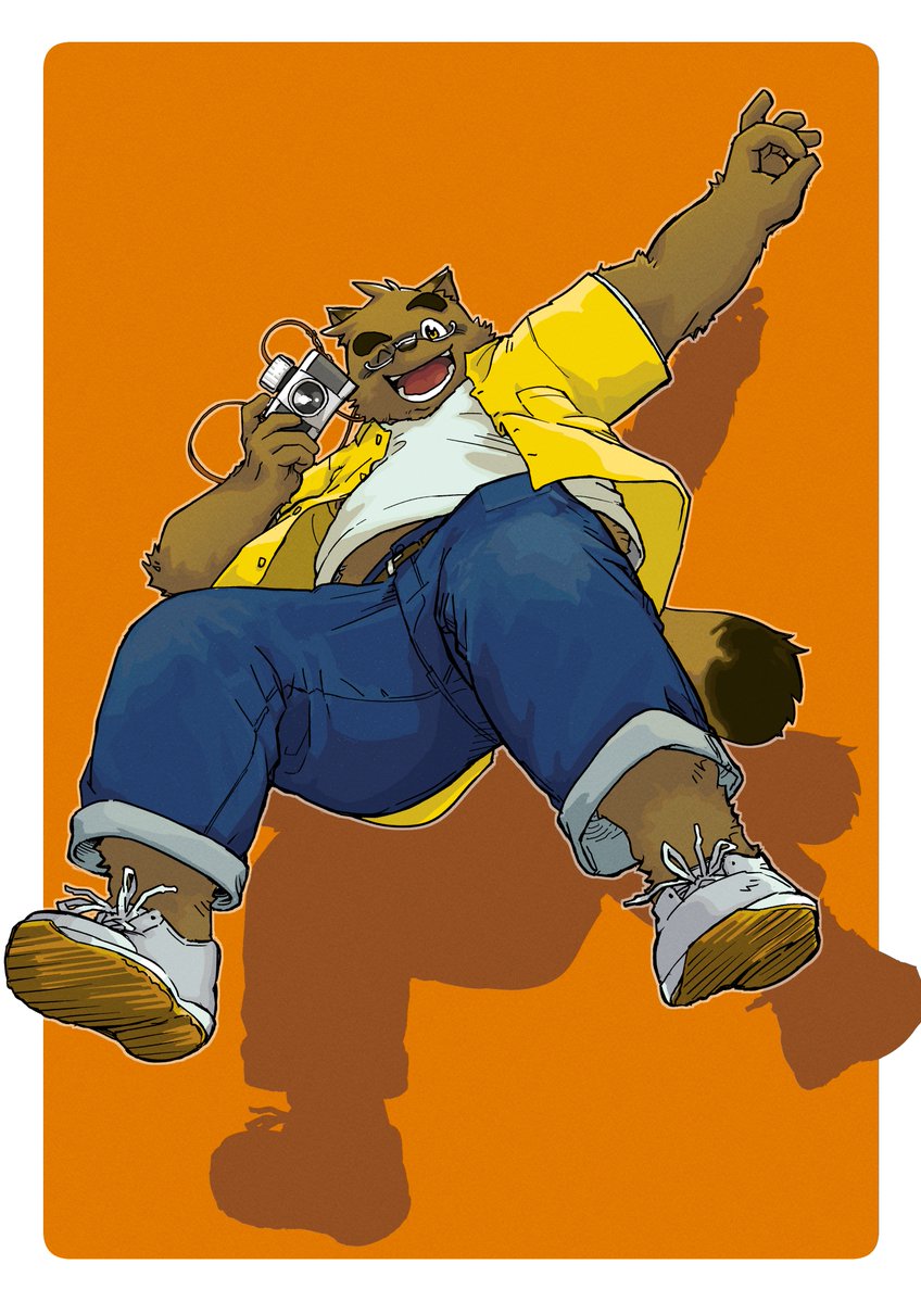 2023 anthro bottomwear brown_body brown_fur camera canid canine clothing eyewear fur glasses humanoid_hands kemono kounosuke_(morenatsu) male mammal morenatsu one_eye_closed pants raccoon_dog shirt slightly_chubby solo takichizento tanuki topwear wink