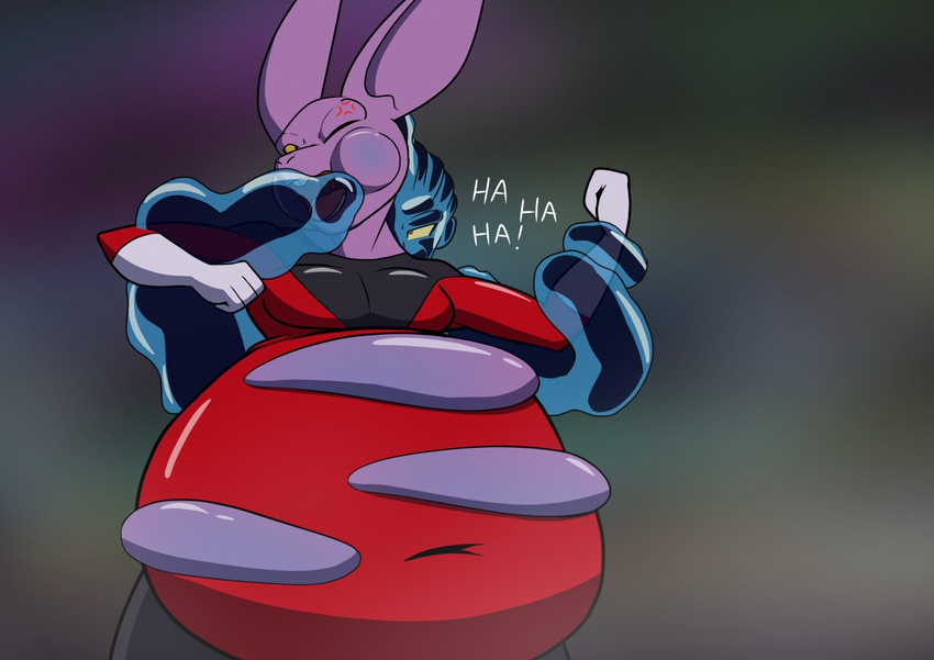 anthro belly belly_expansion belly_inflation big_belly clothing dragon_ball dragon_ball_super dyspo expansion goo_creature humanoid inflation lagomorph leporid maji_kayo male male/male mammal monster navel pancak3 purple_body purple_skin rabbit red_clothing red_shirt red_topwear shirt slime_in_mouth slime_inflation topwear yellow_eyes