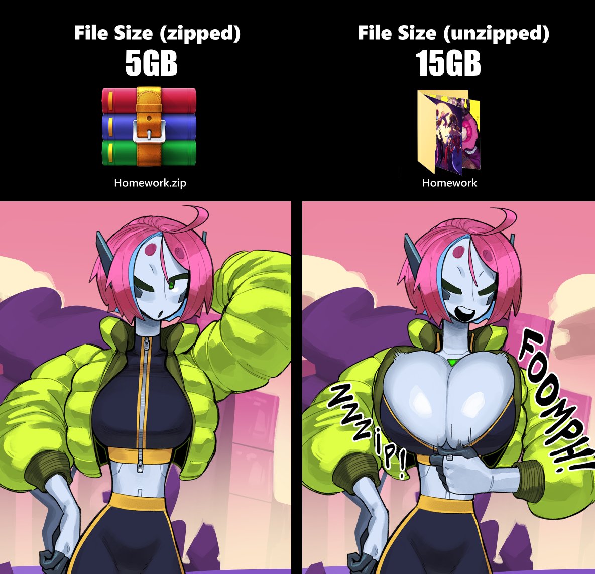 1girl ahoge android before_and_after black_skin breasts bursting_breasts cleavage closed_eyes colored_skin down_jacket english_text facial_mark gattles green_eyes green_jacket grey_skin high-waist_pants huge_breasts jacket joints midriff multicolored_skin no_bra one_eye_closed pants personification pink_hair robot_joints short_eyebrows short_hair solo two-tone_skin undersized_clothes unzipping winrar zip_file_(object) zipper_pull_tab