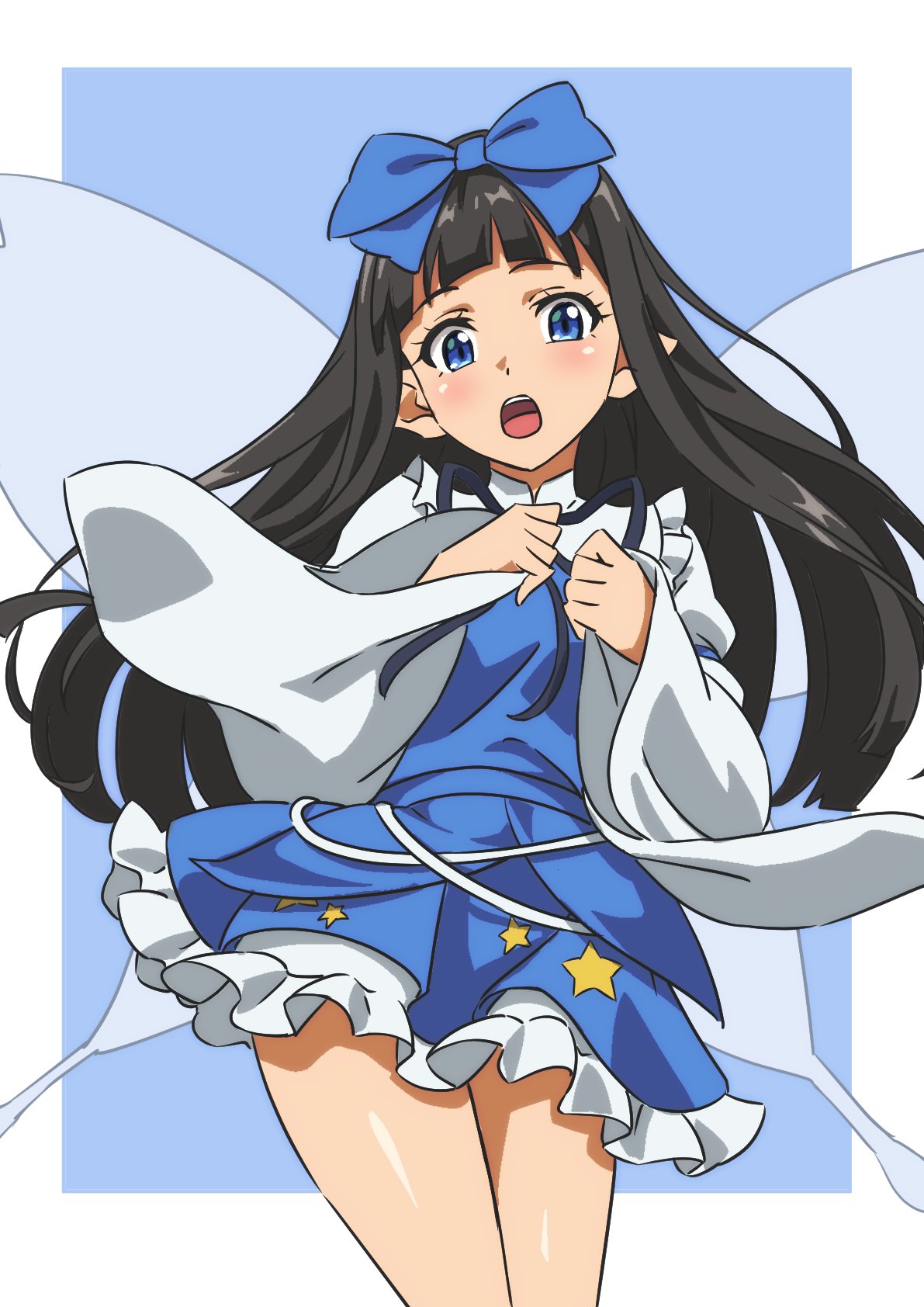 1girl black_hair blue_background blue_bow blue_dress blue_eyes blunt_bangs border bow collared_shirt commentary_request cowboy_shot dress fairy fairy_wings gyouza_(mhea5724) hair_bow highres juliet_sleeves long_hair long_sleeves open_mouth pinafore_dress puffy_sleeves shirt short_dress sleeveless sleeveless_dress solo star_(symbol) star_print star_sapphire touhou very_long_hair white_border wide_sleeves wings