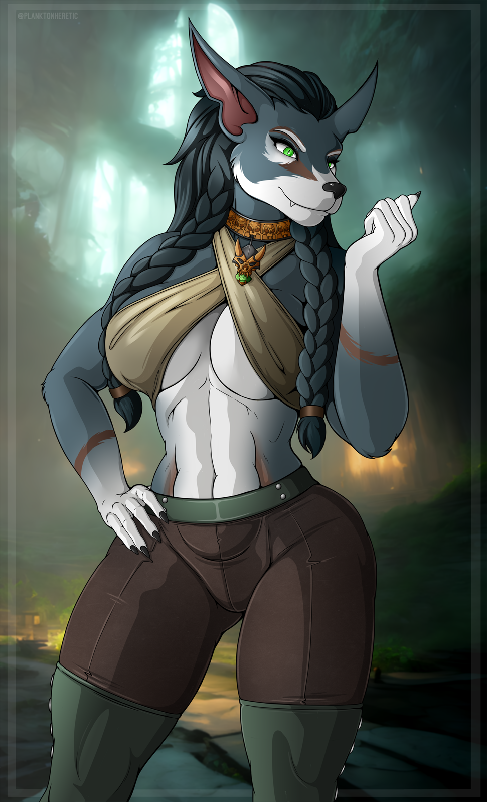 2023 5_fingers anthro big_breasts blizzard_entertainment bottomwear braided_hair breasts brown_bottomwear brown_clothing brown_markings brown_pants brown_topwear canid cleavage clothed clothing collar female fingers fur gem green_clothing green_eyes green_legwear green_thigh_highs grey_body grey_fur grey_hair hair hi_res legwear mammal markings multicolored_body multicolored_fur pants planktonheretic pupils slit_pupils snout solo standing thick_thighs thigh_highs topwear two_tone_body two_tone_fur warcraft were werecanid white_body white_fur willow_greenwick worgen