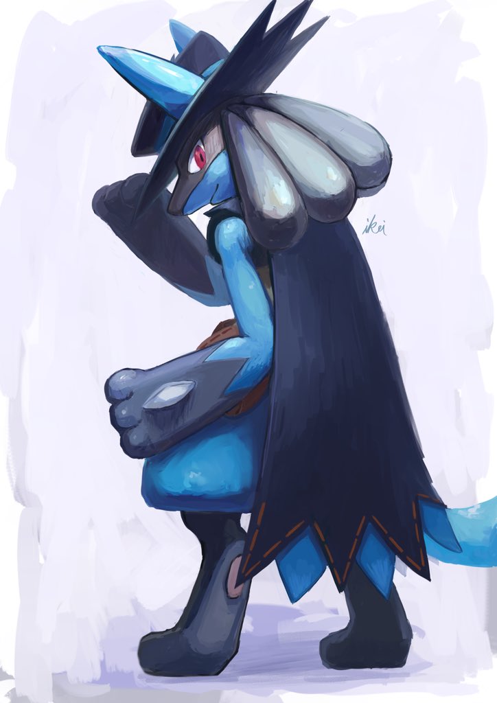 1boy adjusting_clothes adjusting_headwear animal_ears animal_feet animal_hands artist_name black_fur blue_background blue_cape blue_fur blue_headwear body_fur cape closed_mouth clothed_pokemon commentary cosplay ears_through_headwear from_behind full_body furry furry_male hand_up hat ikei looking_at_viewer looking_back lucario male_focus pawpads pokemon pokemon_(creature) signature simple_background sir_aaron sir_aaron_(cosplay) snout solo standing tail two-tone_fur wolf_boy wolf_ears wolf_tail