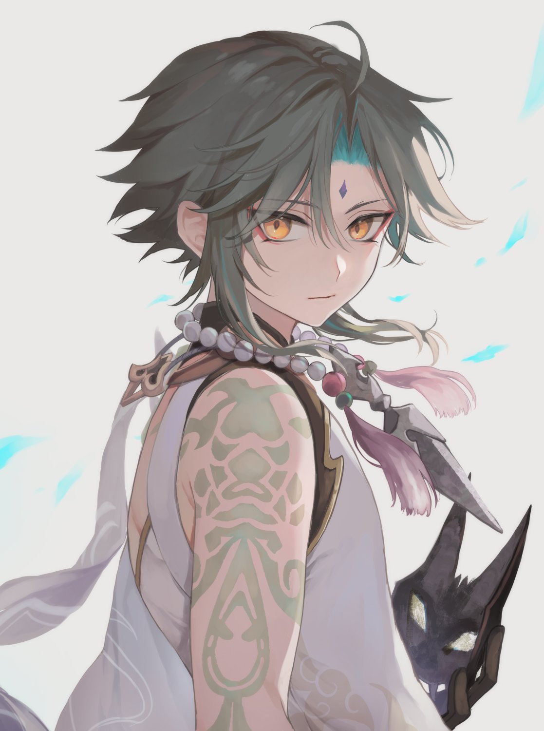 1boy ahoge arm_tattoo bare_shoulders black_gloves black_hair blue_hair closed_mouth eyeshadow forehead_jewel genshin_impact gloves grey_background hair_between_eyes hand_up highres holding holding_mask jewelry looking_back looking_to_the_side makeup male_focus mandarin_collar mask multicolored_hair necklace orange_eyes pearl_necklace red_eyeshadow seri_gnsn shirt short_hair simple_background sleeveless sleeveless_shirt solo tassel tattoo two-tone_hair white_shirt xiao_(genshin_impact)