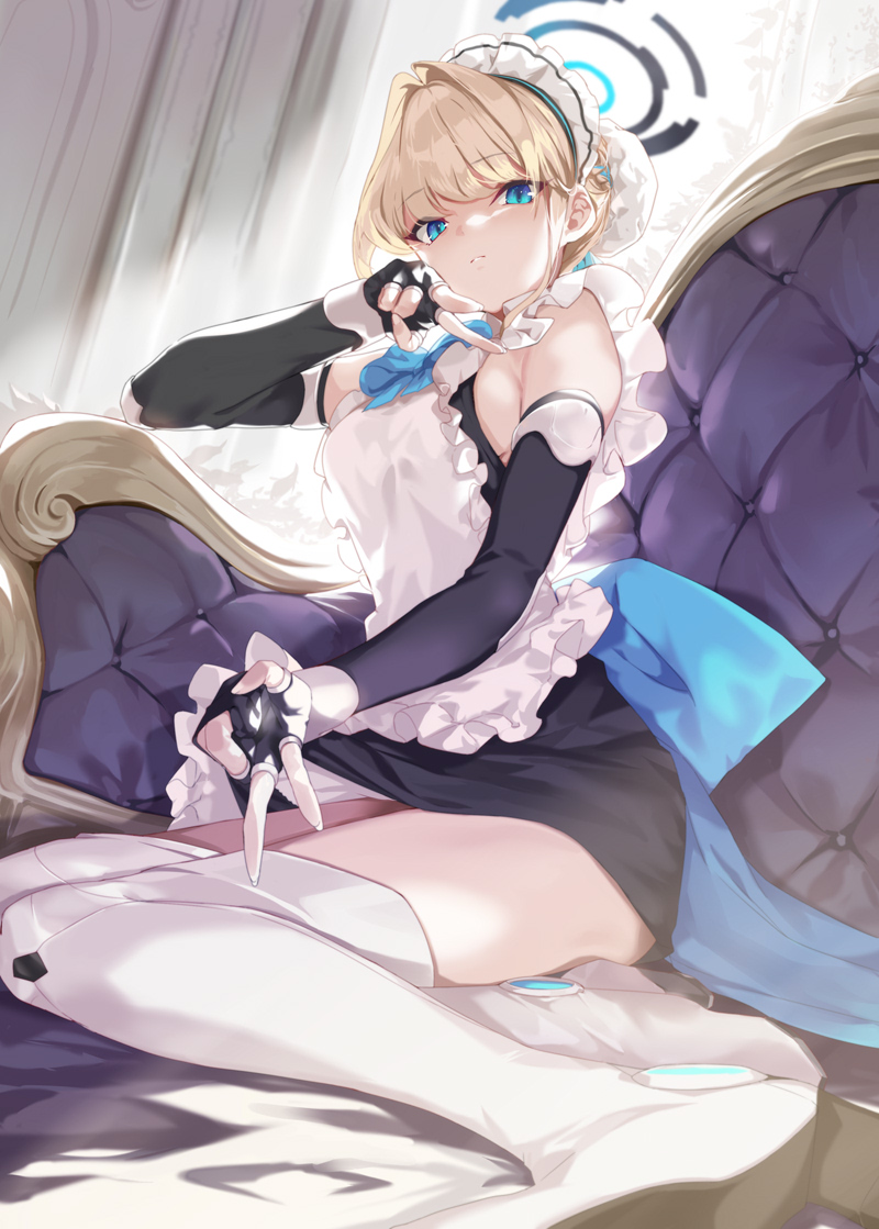 1girl apron blonde_hair blue_archive blue_bow blue_bowtie blue_eyes blue_ribbon bow bowtie bun_cover chest_harness double_v earpiece elbow_gloves fingerless_gloves gloves hair_bun halo harness looking_at_viewer maid_apron maid_headdress ohland ribbon seiza single_hair_bun sitting toki_(blue_archive) v white_apron