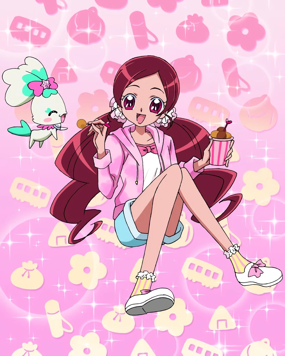 1girl blue_shorts bow chypre_(heartcatch_precure!) food footwear_bow frilled_socks frills hanasaki_tsubomi heartcatch_precure! highres holding holding_food hood hoodie long_hair official_art open_clothes open_hoodie open_mouth pink_bow pink_eyes pink_hair pink_hoodie precure precure_connection_puzzlun shirt_bow shorts sitting smile socks solo third-party_source twintails white_footwear yellow_footwear