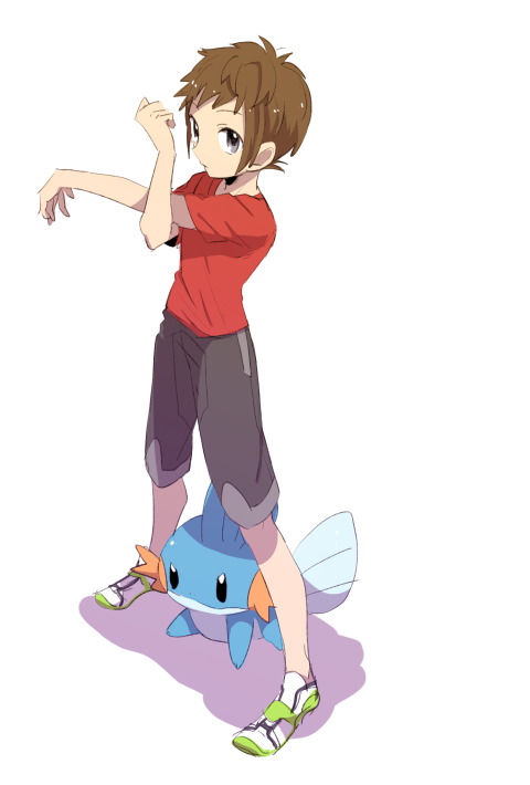 1boy brendan_(pokemon) brown_hair closed_mouth commentary_request green_footwear grey_eyes grey_shorts knees legs_apart male_focus mudkip niimura_(csnel) pokemon pokemon_(creature) pokemon_(game) pokemon_oras red_shirt shirt shoes short_hair short_sleeves shorts standing stretching t-shirt white_background