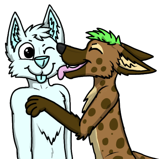 anthro blep blue_nose brown_body brown_fur canid canine canis domestic_dog eyes_closed female fur green_hair grey_nose hair hyena kissing kissing_cheek licking licking_lips male male/female mammal simple_background spots teenager tongue tongue_out toony_expression toony_eyes vannie_(w31rd) w31rd wolf ych_(character) young