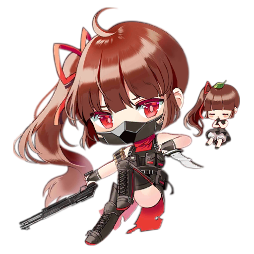 ahoge bandolier black_dress black_footwear black_gloves black_mask black_vest blush blush_stickers boots brown_hair chibi closed_eyes combo_fairy_(girls'_frontline) dress fairy_(girls'_frontline) fingerless_gloves full_body girls'_frontline gloves gun hair_ribbon holding holding_gun holding_knife holding_weapon knee_pads knife leaf leaf_on_head long_hair looking_at_viewer mask mouth_mask multiple_girls ninja official_art one_side_up own_hands_together pouch red_eyes red_ribbon red_scarf ribbon saru scarf shotgun simple_background thigh_boots third-party_source torn_clothes torn_scarf transparent_background very_long_hair vest weapon