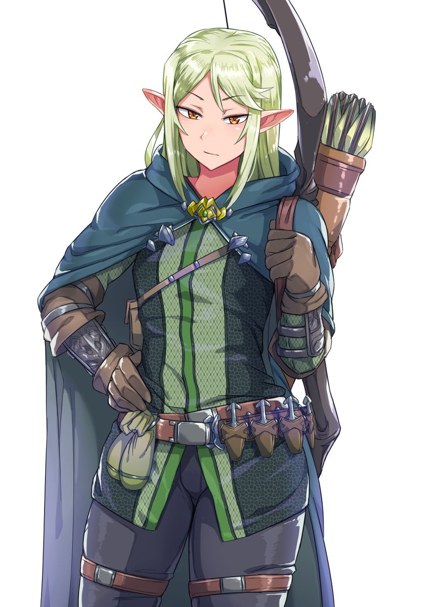 1boy androgynous belt black_pants black_shirt blue_cloak bow_(weapon) brown_belt brown_gloves cloak closed_mouth elf feet_out_of_frame gin_daikon gloves green_hair green_shirt hand_on_own_hip hand_up hood hooded_cloak long_hair long_sleeves looking_at_viewer male_focus orange_eyes original pants parted_bangs pointy_ears quiver shirt sidelocks simple_background skindentation thigh_strap thighs two-tone_shirt weapon white_background