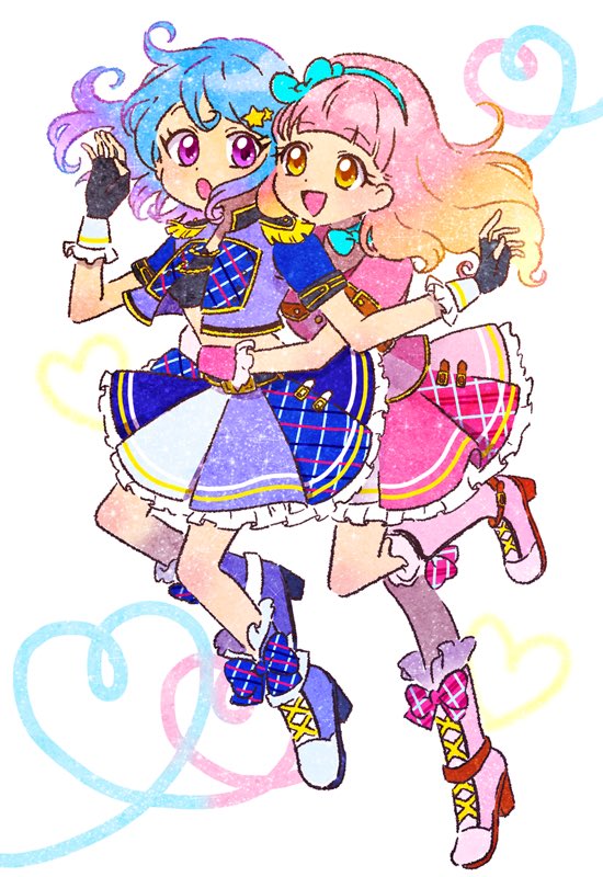 2girls :d :o aikatsu!_(series) aikatsu_friends! arm_around_waist blue_bow blue_hair blue_hairband blunt_bangs bow commentary_request gradient_hair hair_bow hair_ornament hairband hoppetoonaka3 hug idol idol_clothes minato_mio multicolored_hair multiple_girls open_mouth purple_eyes simple_background skirt smile star_(symbol) star_hair_ornament yellow_eyes yuki_aine