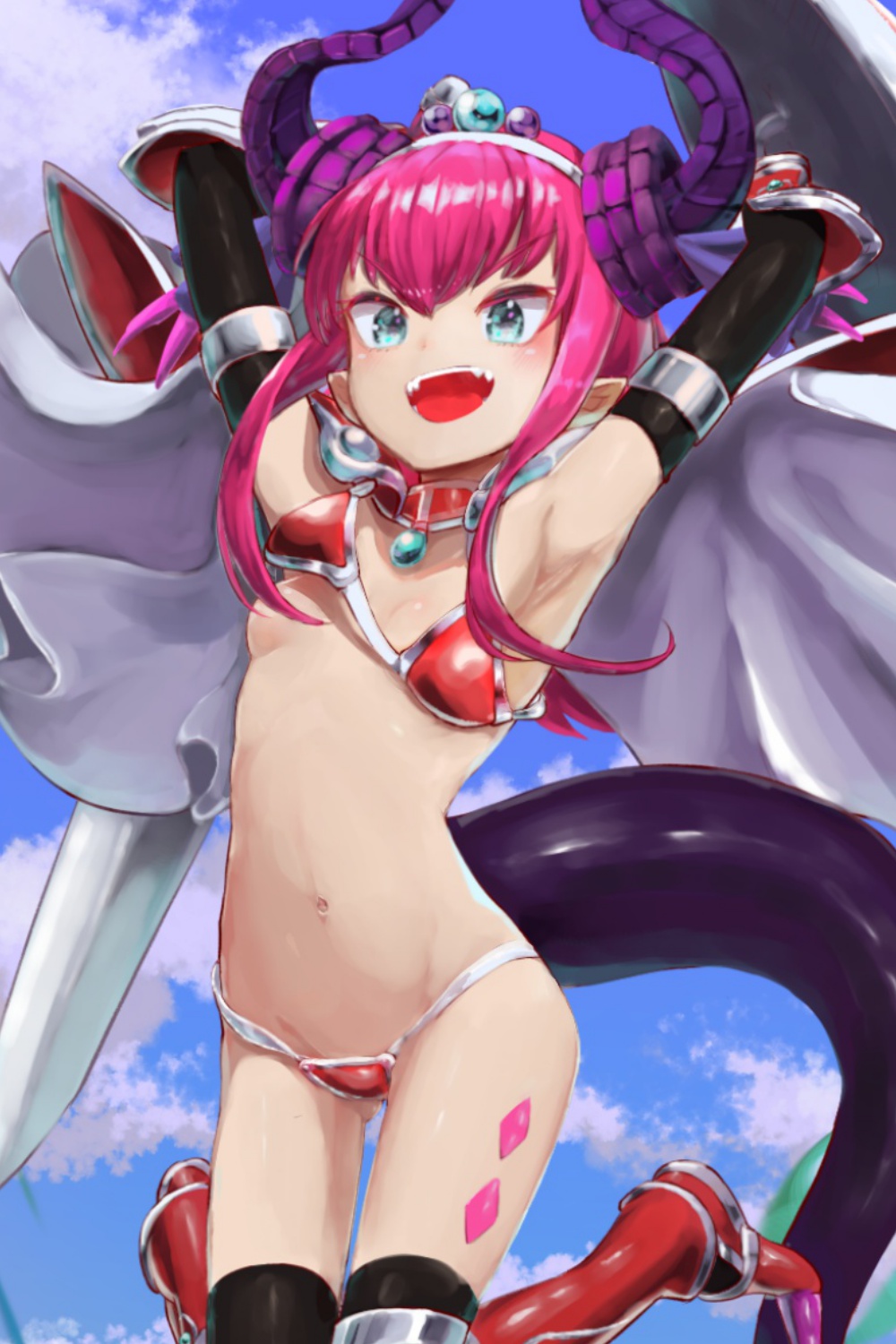 1girl armor armored_boots armpits arms_up bikini_armor black_gloves black_thighhighs blue_eyes blue_sky blush boots breasts cape convenient_censoring curled_horns detached_collar dragon_horns dragon_tail elbow_gloves elizabeth_bathory_(brave)_(fate) elizabeth_bathory_(fate) fate/grand_order fate_(series) gauntlets gloves hairband highres horns long_hair looking_at_viewer loose_bikini mightyjump98 navel one_breast_out open_mouth pauldrons pink_hair pointy_ears red_armor shield shoulder_armor sky small_breasts smile solo sword tail thighhighs weapon white_cape