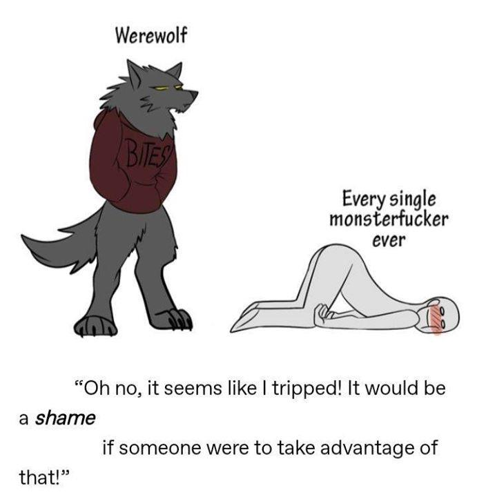 anthro ass_up blush bottomless canid canine canis claws clothed clothing dialogue digitigrade duo english_text fur grey_body grey_fur human humor imminent_sex larger_anthro male mammal sarcasm size_difference standing submissive submissive_human sweater text topwear unknown_artist were werecanid werecanine werewolf wolf