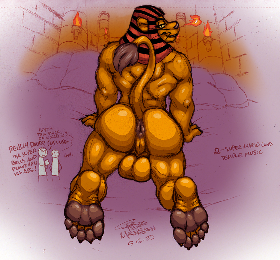 anthro anus balls butt english_text feet felid foot_focus genitals king_totomesu lion male mammal pantherine presenting presenting_hindquarters soles solo super_mario_land text thebigmansini