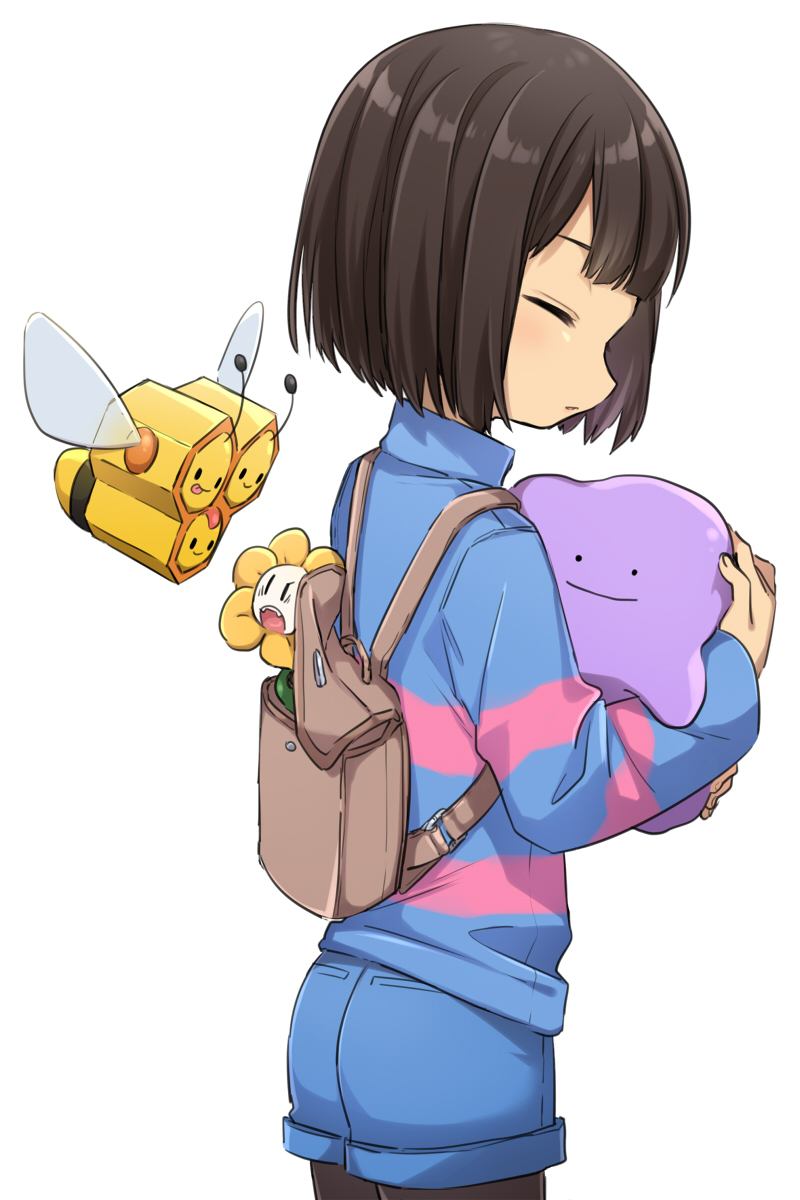 1other :p androgynous backpack bag black_pantyhose blue_shorts blue_sweater blunt_bangs blunt_ends blush bob_cut brown_bag brown_hair closed_eyes closed_mouth combee commentary cowboy_shot denim denim_shorts ditto double_horizontal_stripe expressionless flower flowey_(undertale) flying frisk_(undertale) from_behind from_side highres holding holding_pokemon in_bag in_container leftporygon light_blush long_sleeves open_mouth pantyhose parted_lips personification pink_sweater pokemon pokemon_(creature) short_hair short_shorts shorts shouting simple_background smile solo standing sweater tongue tongue_out turning_head turtleneck turtleneck_sweater two-tone_sweater undertale white_background yellow_flower