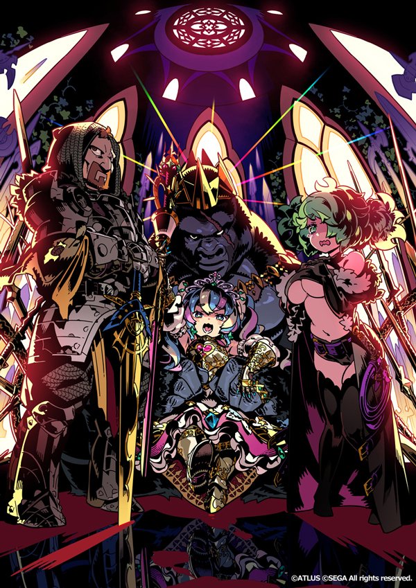 1boy 2girls :d armor artist_request beard breasts chainmail coif copyright dark_hunter dark_hunter_5 facial_hair full_body gorilla green_eyes green_hair indoors large_breasts looking_at_viewer looking_to_the_side messy_hair multicolored_hair multiple_girls navel official_art paladin_(sekaiju) paladin_5_(sekaiju) pet_(sekaiju) pet_5_(sekaiju) planted planted_sword princess_(sekaiju) princess_5_(sekaiju) scar scar_across_eye sekaiju_no_meikyuu sekaiju_no_meikyuu_hd short_shorts shorts sitting smile standing sword underboob weapon window