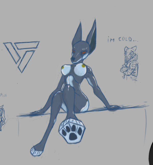 anthro big_ears breasts butt canid canine canis colored drawpile female guide_lines jackal looking_at_viewer mammal nipples nude paws simple_background sketch sketch_page solo synth_(disambiguation) the_dark_skull