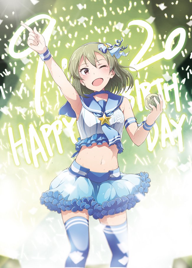 1girl arm_up armpits ball bare_shoulders blue_armband blue_neckerchief blue_ribbon blue_sailor_collar blue_shirt blue_skirt blue_thighhighs blue_wristband blush breasts collarbone confetti cowboy_shot crop_top cropped_shirt frilled_shirt frilled_skirt frills glowstick green_hair hair_ribbon hand_up happy_birthday holding holding_ball idolmaster idolmaster_million_live! idolmaster_million_live!_theater_days index_finger_raised indoors kabayaki_unagi looking_at_viewer midriff nagayoshi_subaru navel neckerchief one_eye_closed open_mouth purple_eyes ribbon sailor_collar shirt short_hair skirt sleeveless sleeveless_shirt small_breasts smile solo stage stage_lights star_(symbol) striped striped_shirt sweat thighhighs