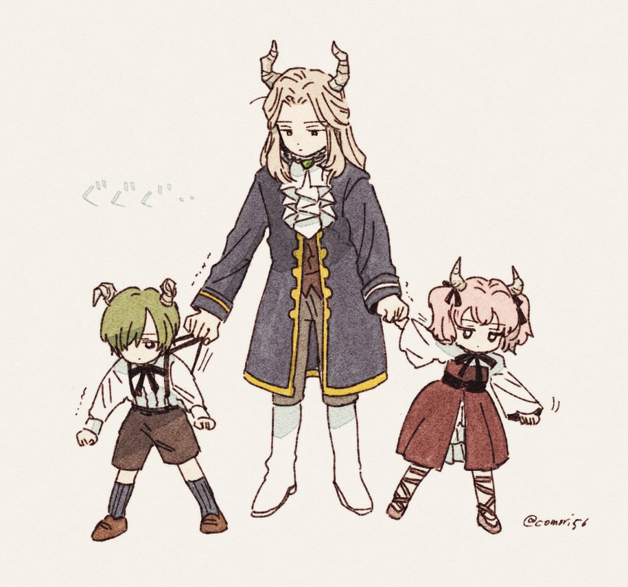 1girl 2boys aged_down ascot black_ribbon black_socks blonde_hair blue_coat boots brown_footwear brown_pants brown_shorts closed_mouth coat collared_shirt commentary_request comori56 demon_boy demon_girl demon_horns draht_(sousou_no_frieren) dress full_body green_hair grey_background hair_over_one_eye hair_ribbon height_difference holding_hands horns linie_(sousou_no_frieren) long_hair long_sleeves looking_at_another looking_down lugner_(sousou_no_frieren) multiple_boys neck_ribbon pants red_dress ribbon shirt shoes short_hair shorts simple_background socks sousou_no_frieren standing suspenders suspenders_pull trembling twintails twitter_username white_ascot white_footwear white_shirt