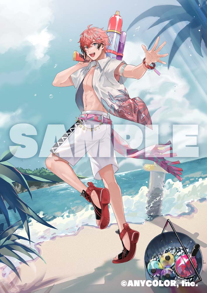 1boy :d akagi_wen arm_strap bandaid bandaid_on_face beach black_hair blue_eyes bottle bracelet bucket cloud collared_shirt copyright crossed_bangs day fringe_trim hair_between_eyes hair_ornament hairclip hand_up hawaiian_shirt holding holding_water_gun ice ice_bucket ice_cube inflatable_sword jewelry kunimitsu_(9nimi2) light_rays looking_at_viewer looking_back male_focus multicolored_hair nijisanji ocean official_art open_clothes open_shirt outstretched_arm over_shoulder palm_tree pink_hair pink_sash plant planted planted_sword red_footwear sample_watermark sandals sash shirt short_hair short_sleeves shorts smile solo standing standing_on_one_leg streaked_hair sword teeth tree upper_teeth_only virtual_youtuber water_gun weapon white_shirt white_shorts