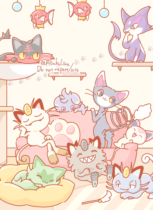 :3 alolan_meowth artist_name asakoline bean_bag_chair cat cat_teaser cat_tower closed_eyes colored_sclera couch crossed_legs espurr fangs galarian_meowth green_eyes half-closed_eyes litten magikarp meowth open_mouth paw_print pillow pokemon pokemon_(creature) purrloin sharp_teeth shelf sitting skitty sleeping sprigatito teeth whiskers yellow_sclera