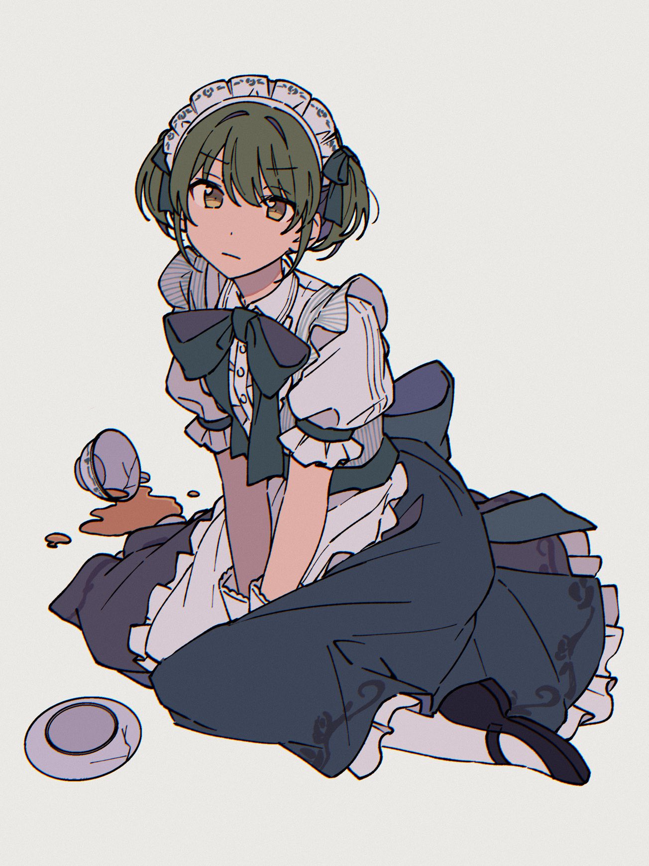 1girl apron between_legs black_bow black_bowtie black_ribbon bow bowtie broken broken_cup center_frills closed_mouth collared_dress commentary_request cup dress frilled_apron frilled_dress frilled_sleeves frills full_body gloves green_hair grey_background hair_ribbon highres idolmaster idolmaster_shiny_colors looking_at_viewer maid maid_apron maid_headdress nanakusa_nichika niyororinpayamaru official_alternate_costume on_floor puffy_short_sleeves puffy_sleeves ribbon saucer serious short_hair short_sleeves short_twintails simple_background sitting socks solo spill teacup twintails v-shaped_eyebrows v_arms waist_bow wariza white_apron white_gloves white_socks yellow_eyes