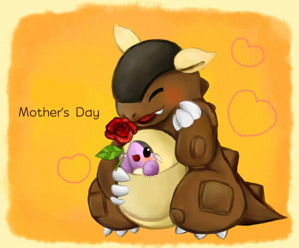 animal_focus blush claws closed_eyes fang flower happy heart holding holding_flower kangaskhan mother's_day mother_and_child no_humans nostrils open_mouth pk53n pokemon pokemon_(creature) red_flower red_rose rose