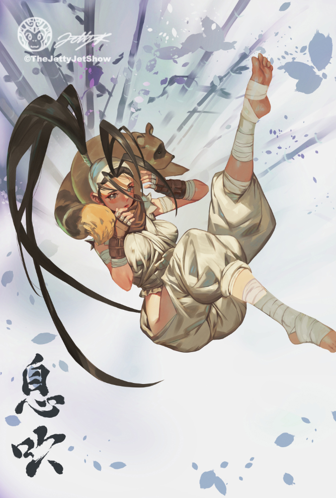 1boy 1girl animal antenna_hair artist_name bamboo bamboo_forest bandaged_arm bandaged_fingers bandaged_foot bandaged_leg bandages bare_hips blush brown_gloves brown_hair brown_scarf covered_nipples dougi falling feet fingerless_gloves forest gloves ibuki_(street_fighter) jet_kimchrea leaf long_legs monochrome nature ninja open_mouth ponytail puffy_pants scarf shiny_skin soles street_fighter tanuki toes toned translation_request twitter_username white_background wrinkled_fabric