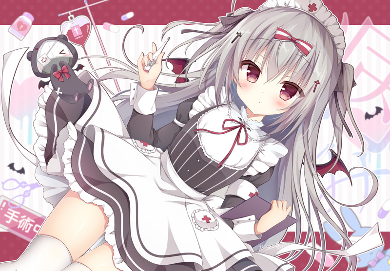 &gt;_&lt; 1girl :o apron bat_wings black_dress blush bottle bow clipboard commentary_request dress dutch_angle eyepatch frilled_dress frills grey_hair hands_up holding intravenous_drip juliet_sleeves long_hair long_sleeves looking_at_viewer maid_headdress medical_eyepatch mini_wings neck_ribbon original parted_lips picpicgram pill puffy_sleeves red_bow red_eyes red_ribbon red_wings ribbon solo striped striped_dress thermometer thighhighs two_side_up vertical-striped_dress vertical_stripes very_long_hair white_apron white_thighhighs wings