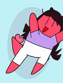 big_tummy_kaiju blue_background brown_hair happy jaiden_animations jumping kaiju_land kaijuu long_hair love_heart_(kof) lowres non-web_source open_mouth pants portal_(object) purple_shirt shirt simple_background smile solo white_pants