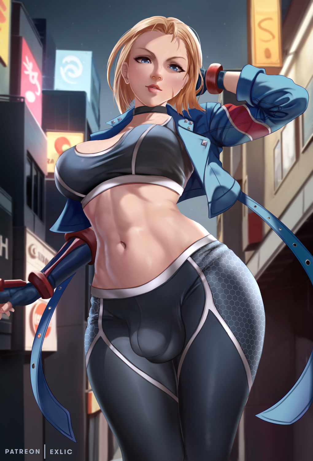 1girl abs arm_behind_head blonde_hair blue_eyes breasts bulge cammy_white choker cowboy_shot crop_top cropped_jacket exlic forehead from_below futanari gloves highres large_breasts linea_alba lips looking_at_viewer medium_hair midriff mma_gloves navel nose pants scar scar_on_cheek scar_on_face short_hair smile solo street_fighter street_fighter_6 thigh_gap tight_clothes tight_pants