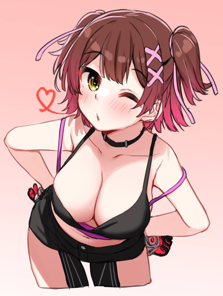 1girl breasts brown_eyes brown_hair choker cleavage crop_top dodome-iro_mayonnaise downblouse gloves hair_ribbon highres hololive large_breasts leaning_forward midriff navel official_alternate_costume one_eye_closed open_mouth parted_lips ribbon roboco-san short_twintails simple_background solo twintails virtual_youtuber