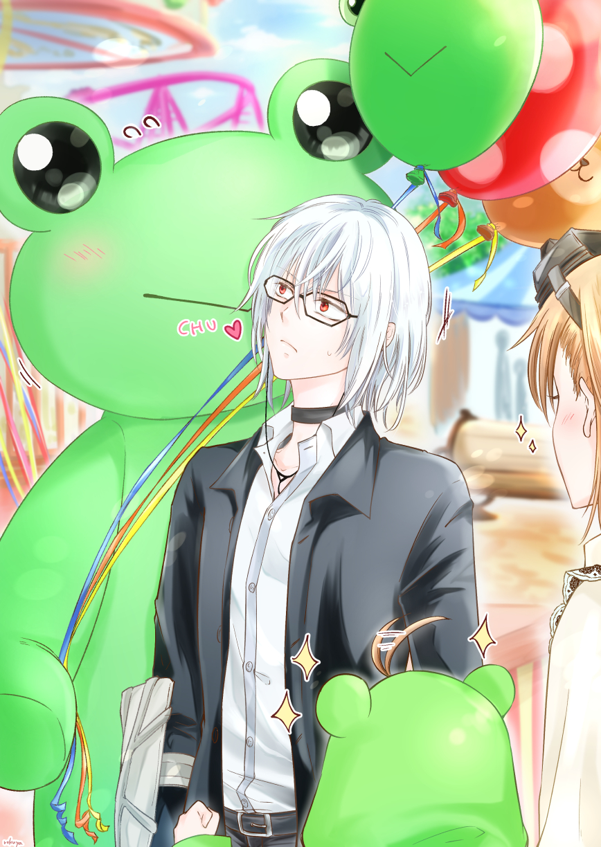 1boy 1other 2girls accelerator_(toaru_majutsu_no_index) ahoge albino amusement_park animal_hood arms_at_sides balloon belt black_belt black_choker black_jacket blurry blurry_background blush brown_hair cane choker collared_shirt dress electrodes frilled_dress frills frog_hood gekota glasses goggles goggles_on_head hand_up head-mounted_display heart highres holding holding_balloon holding_cane holding_crutch hood hood_up jacket last_order_(toaru_majutsu_no_index) light_frown looking_at_another mascot_costume misaka_imouto misaka_imouto_10046 multiple_girls official_alternate_costume open_clothes open_jacket pale_skin red_eyes rokuyo sanpaku shirt short_hair spoken_heart spoken_star standing star_(symbol) striped striped_shirt sweatdrop toaru_majutsu_no_index upper_body vertical-striped_shirt vertical_stripes white_dress white_hair white_shirt