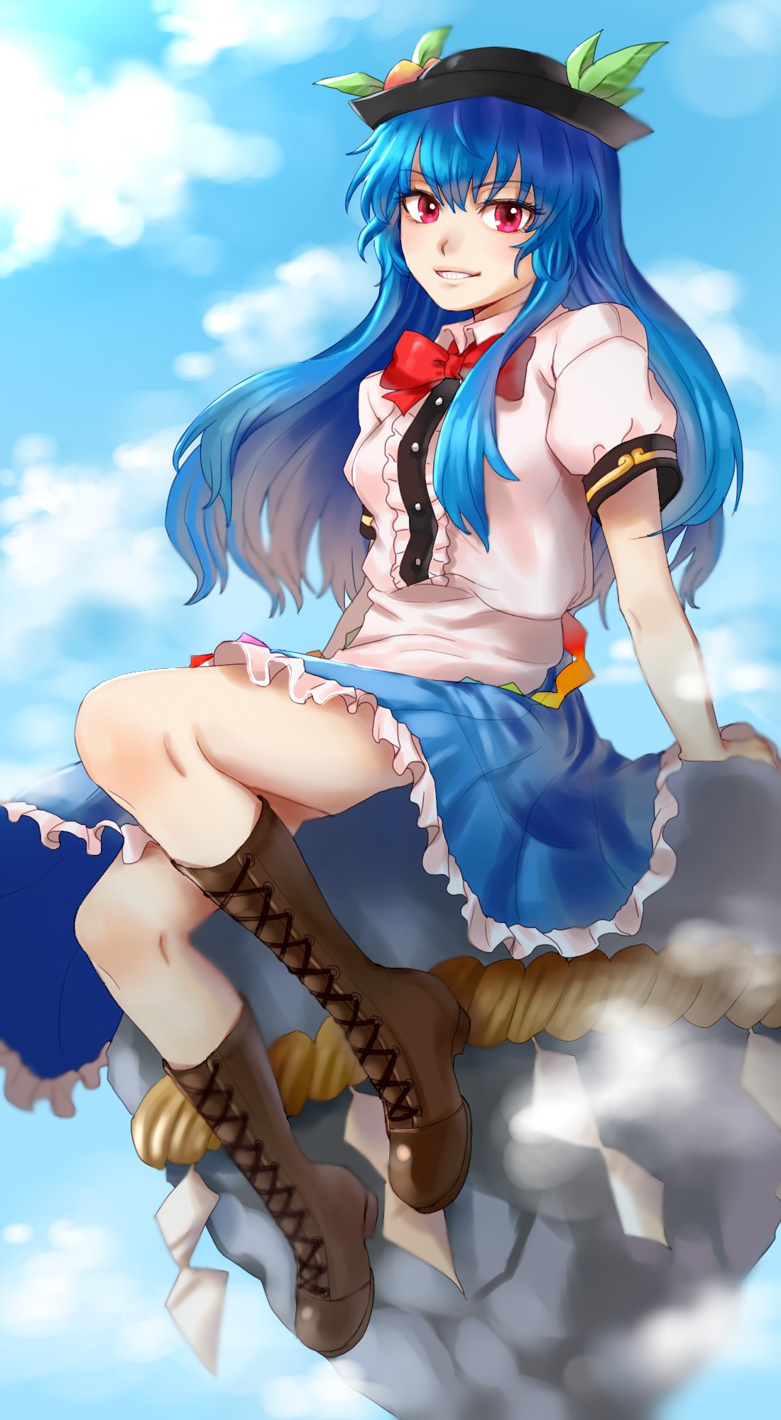 1girl apron blue_hair blue_skirt boots bow bowtie breasts brown_footwear buttons center_frills collared_shirt commentary_request cross-laced_footwear floating_rock frilled_apron frilled_skirt frills full_body grin hat highres hinanawi_tenshi keystone kuya_(hey36253625) leaf_hat_ornament long_hair peach_hat_ornament puffy_short_sleeves puffy_sleeves rainbow_gradient red_bow red_bowtie red_eyes shirt short_sleeves sidelocks sitting skirt small_breasts smile solo touhou waist_apron white_apron white_shirt