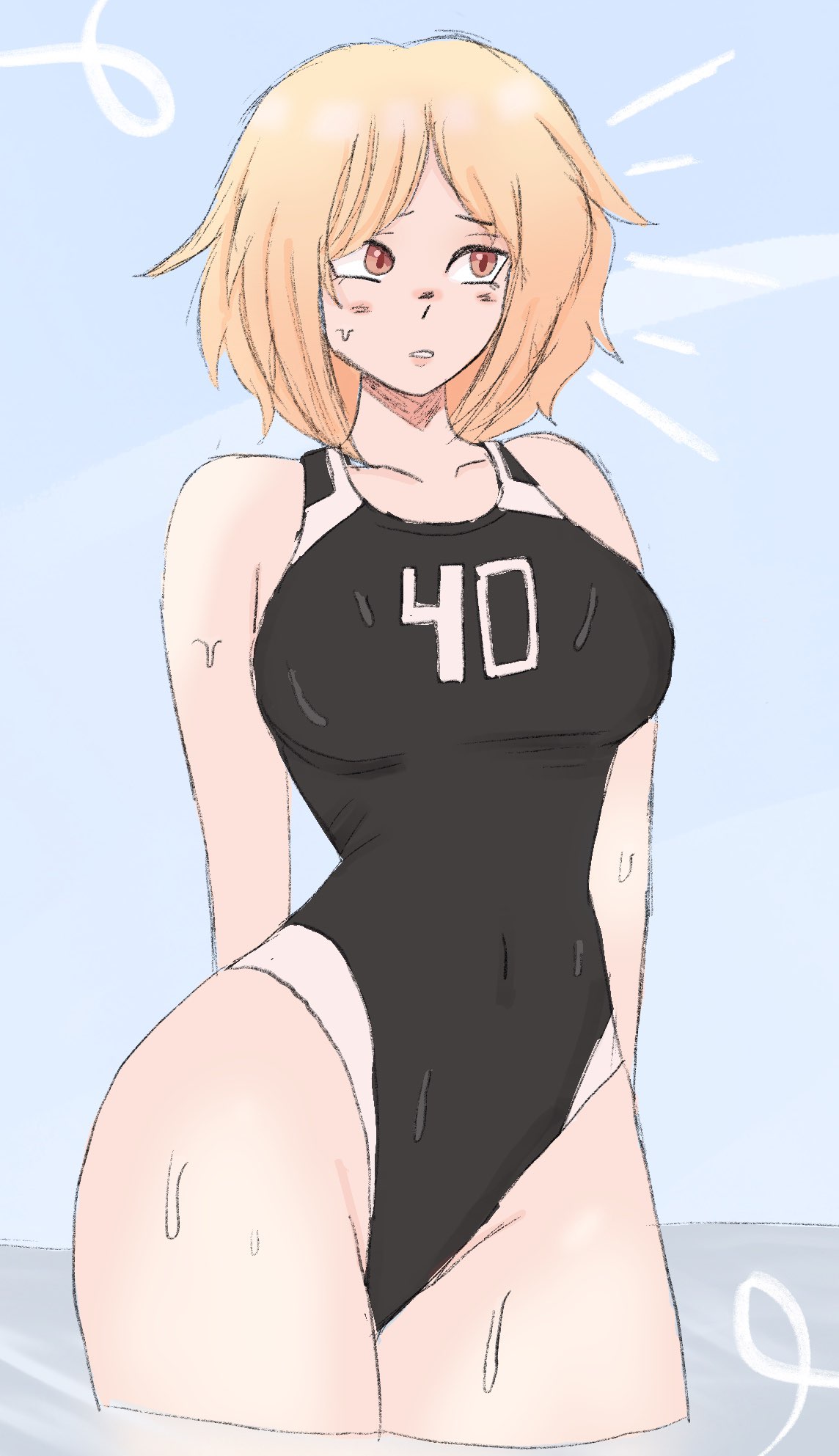 1girl black_one-piece_swimsuit blush breasts buranyablast competition_swimsuit covered_navel day girls'_frontline highres horizon mp40_(girls'_frontline) multicolored_clothes ocean one-piece_swimsuit open_mouth outdoors partially_submerged short_hair sky solo swimsuit two-tone_swimsuit water wet wet_clothes wet_swimsuit
