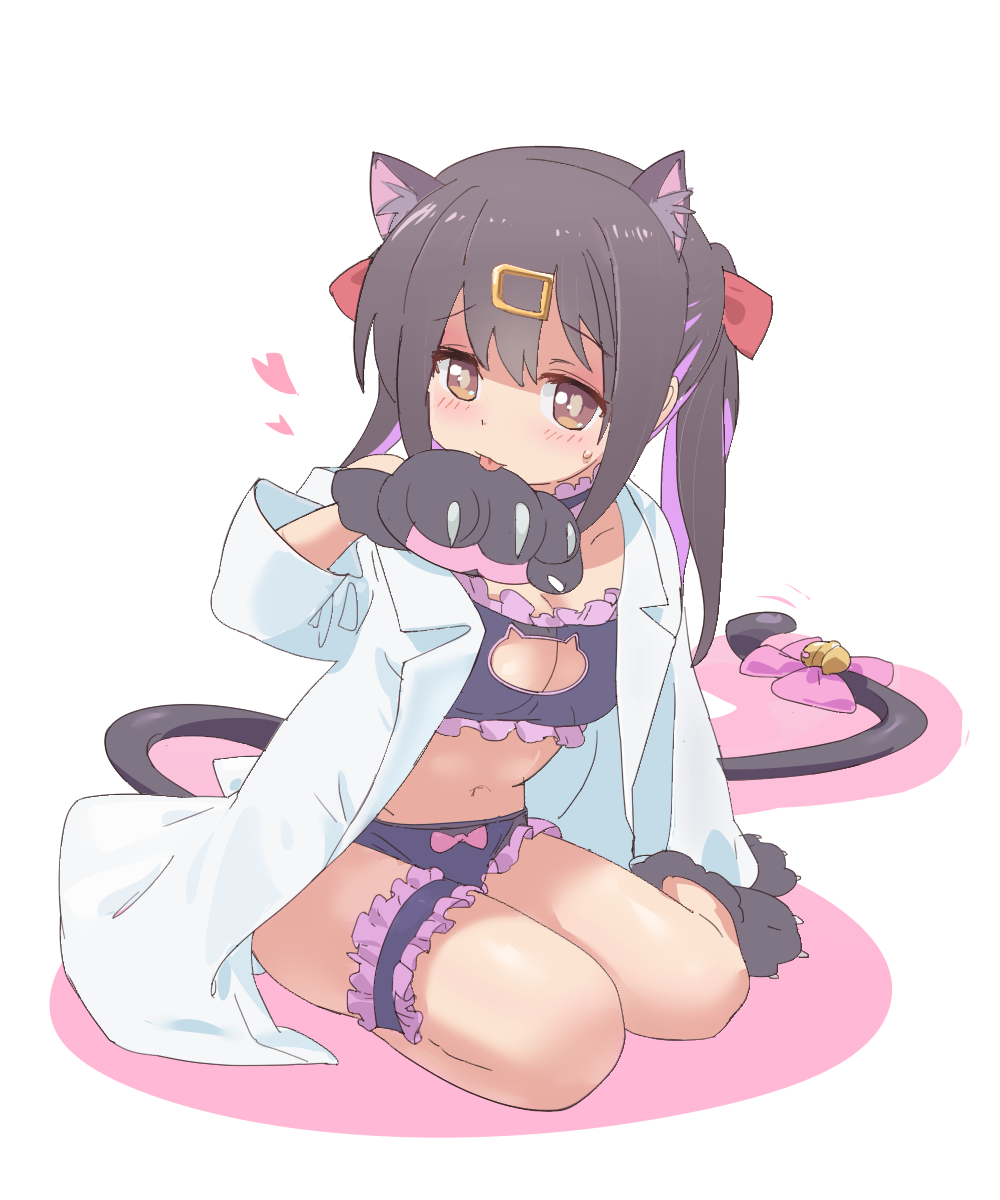 1girl animal_ear_fluff animal_ears animal_hands bare_legs bell black_footwear black_gloves black_hair bow bow_panties bra breasts bridal_garter brown_eyes cat_cutout cat_ears cat_lingerie cat_tail claws cleavage_cutout clothing_cutout coat commentary cosplay frilled_bra frilled_garter frilled_panties frills full_body gloves hair_between_eyes hair_ornament hair_ribbon hairclip heart highres jingle_bell kyarahiba lab_coat licking licking_hand light_blush long_hair long_sleeves looking_at_viewer medium_breasts meme_attire multicolored_hair navel onii-chan_wa_oshimai! open_clothes open_coat oyama_mahiro oyama_mahiro_(cosplay) oyama_mihari panties paw_gloves paw_shoes pink_bow purple_hair red_ribbon ribbon simple_background sitting solo stomach tail tail_bell tail_bow tail_ornament tongue tongue_out twintails two-tone_hair underwear white_background
