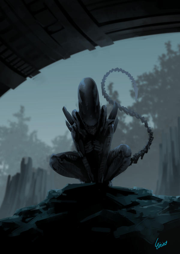 1other alien alien_(movie) commentary_request dead_by_daylight eiri_(eirri) monster no_humans other_focus shoulder_spikes signature solo spikes squatting tail teeth tree xenomorph