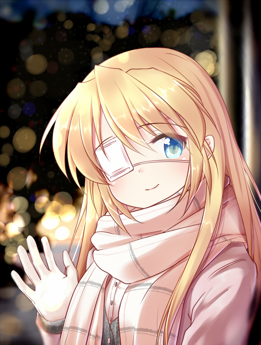 1girl alternate_costume alternate_hairstyle blonde_hair blue_eyes blurry blurry_background blush casual christmas closed_mouth commentary_request depth_of_field eyelashes eyepatch eyes_visible_through_hair gloves hair_between_eyes hair_down hand_up long_hair nakatsu_shizuru one_eye_covered rewrite scarf sidelocks smile solo tagame_(tagamecat) very_long_hair waving white_gloves white_scarf winter