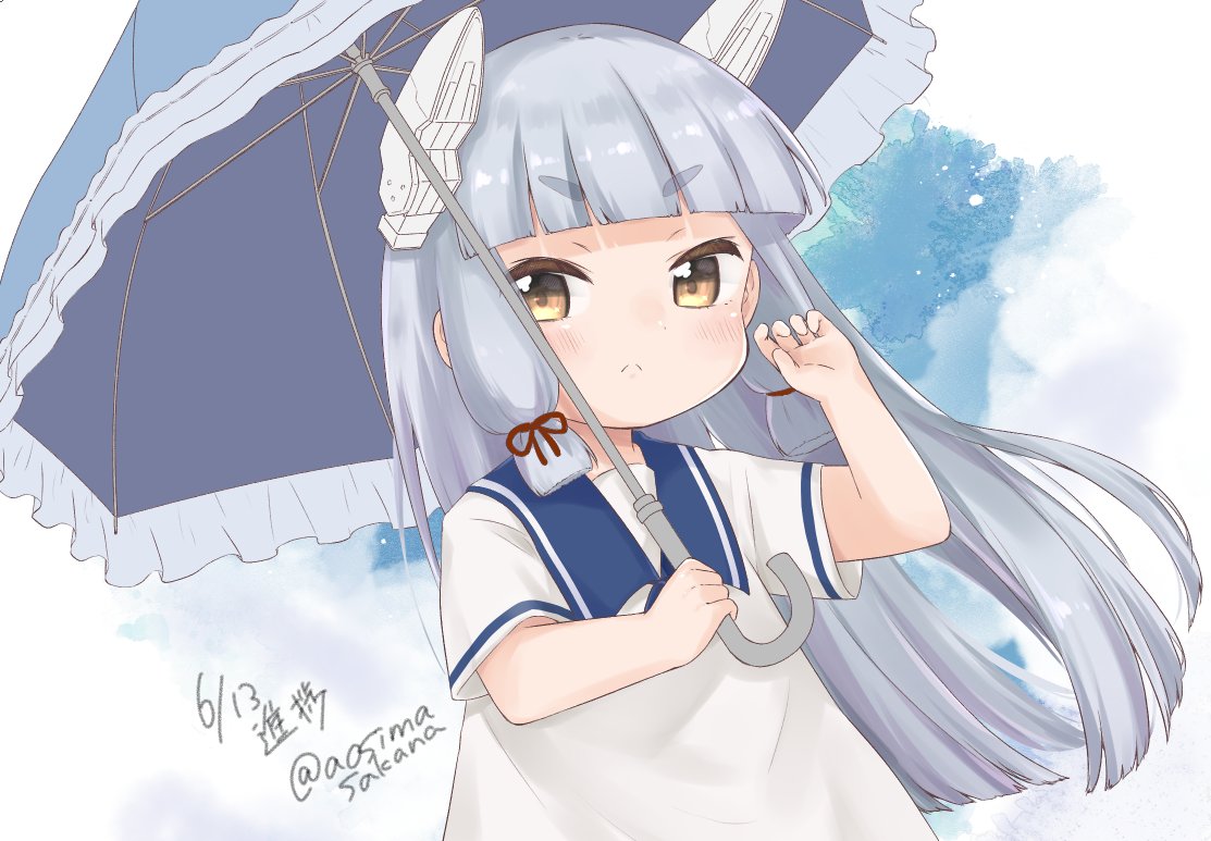 1girl :&lt; aged_down aoshima_sakana blunt_bangs blush brown_eyes closed_mouth dated dress grey_hair hair_ribbon headgear holding holding_umbrella kantai_collection long_hair looking_at_viewer murakumo_(kancolle) parasol ribbon sailor_collar sailor_dress short_sleeves simple_background solo tress_ribbon twitter_username umbrella upper_body very_long_hair