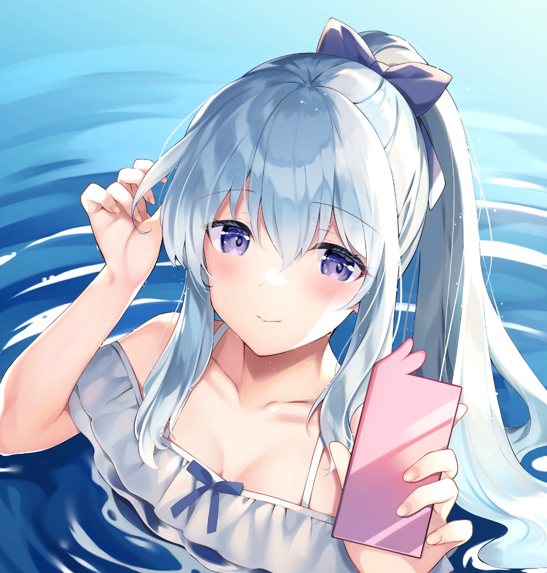 1girl blue_archive blue_bow blue_hair bow breasts cellphone cleavage closed_mouth collarbone comiket_102 hair_bow hand_in_own_hair holding holding_phone long_hair miyako_(blue_archive) miyako_(swimsuit)_(blue_archive) official_alternate_costume partially_submerged phone ponytail purple_eyes rei_(rei's_room) small_breasts smartphone smile solo swimsuit upper_body water