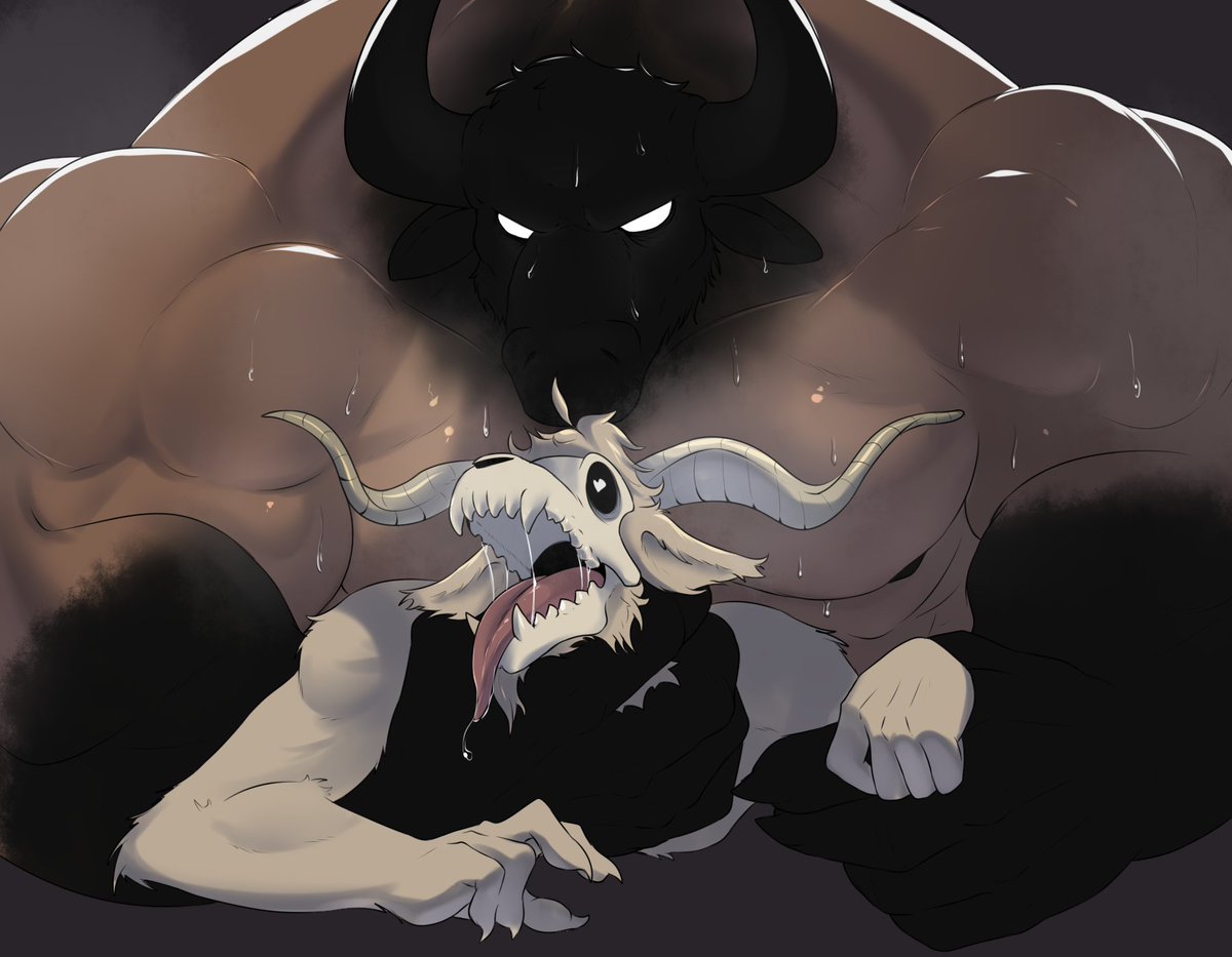 american_mythology andrefil360 anthro bovid bovine cattle duo indigenous_north_american_mythology looking_pleasured male male/male mammal muscular muscular_male mythology north_american_mythology tongue tongue_out wendigo white_eyes