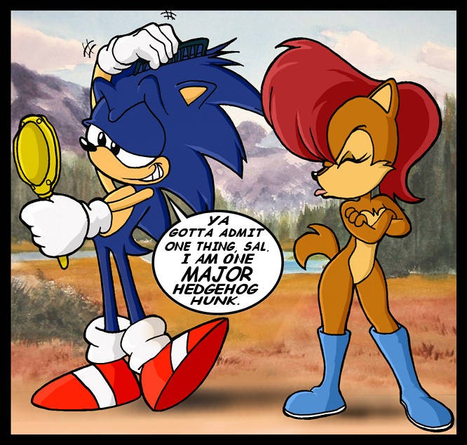 annoyed anthro archie_comics boots brown_hair chadthecartoonnut clothing duo english_text eulipotyphlan eyelashes female footwear ground_squirrel hair hedgehog male mammal mirror rodent sally_acorn sciurid sega smile sonic_the_hedgehog sonic_the_hedgehog_(archie) sonic_the_hedgehog_(comics) sonic_the_hedgehog_(series) text tongue vanity